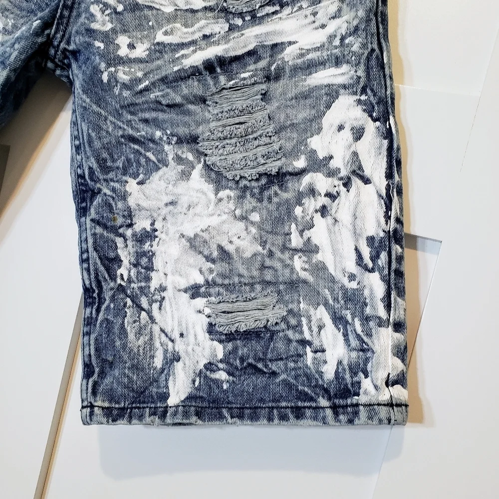 Rocawear Distressed Fading Paint Splattered Denim Blue Jean Shorts Size …